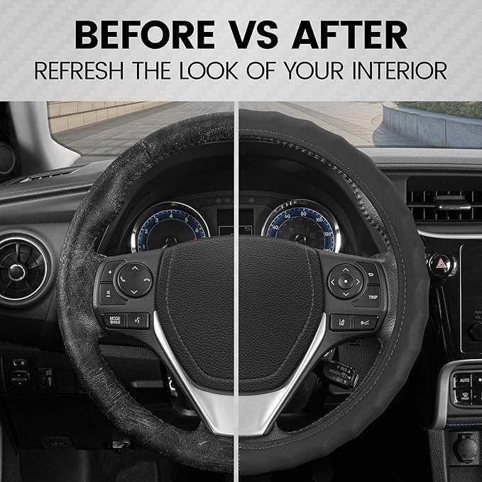 BDK Genuine Black Leather Steering Wheel Cover for Car, Small (13.5" - 14.5") – Ergonomic Comfort Grip for Men & Women, Car S