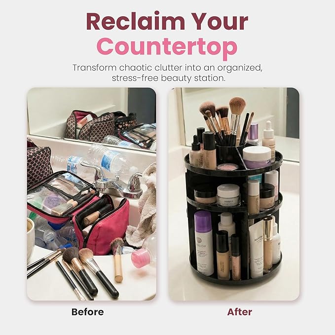 360 Rotating Makeup Organizer - Adjustable Shelf Height and Fully Rotatable. The Perfect Cosmetic Organizer for Bedroom Dress