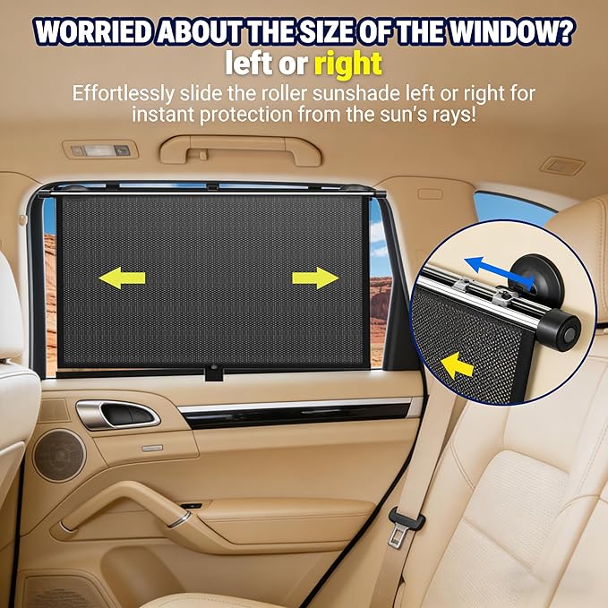 2 Pack Retractable Car Shades for Side Windows - Window Sun Shade for Car with Strong Suction Cups | Roller Shades UV Heat Block Sun Shade for Cars House Office Window (S:15.7"x17.1")
