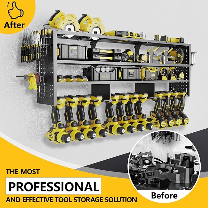 49" W Large Power Tool Organizer Wall Mount, 4 Layer Heavy Duty Metal Tool Storage Rack with 12 Drills Holder, Utility Racks 