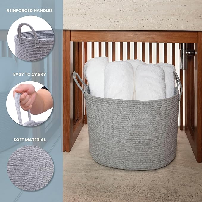 OrganiHaus Large Woven Storage Basket for Blankets and Toys 20" x 13" Inch, Rope Laundry Basket with Handles, Cushions & Pill