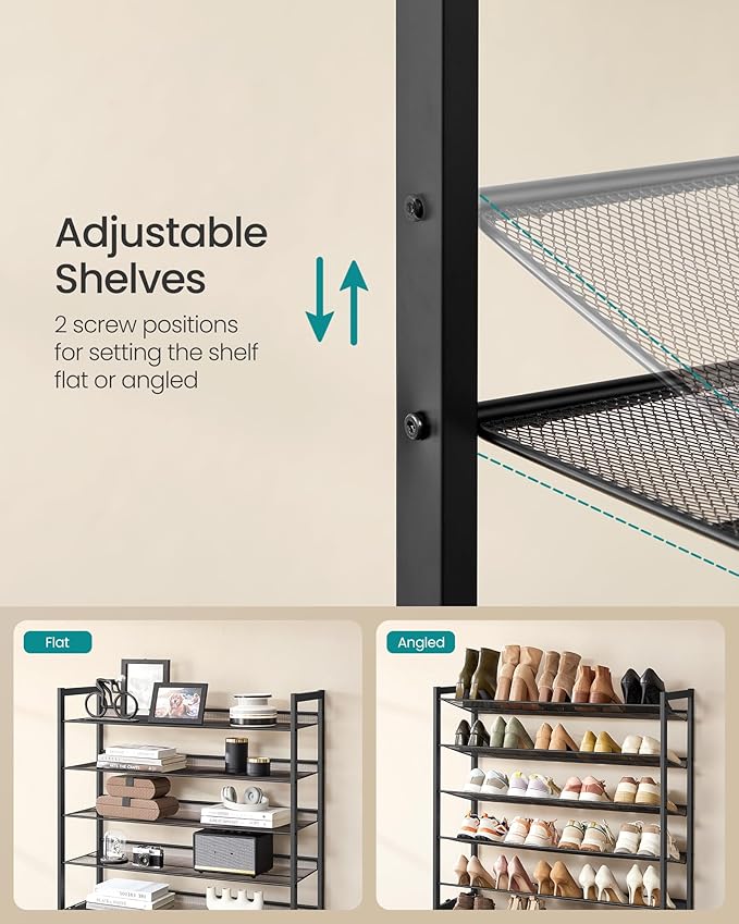 SONGMICS Shoe Rack, 10-Tier Shoe Organizer, Metal Rack for Garage, Set of 2, 5-Tier Stackable Shelf, with Adjustable Flat or 