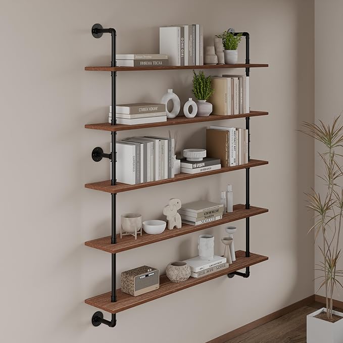 Floating Shelves for Wall Bookshelf Industrial Pipe Shelving Shelves 48 Inch 5 Tier Natural Wood Planks Rustic Wall Shelves H