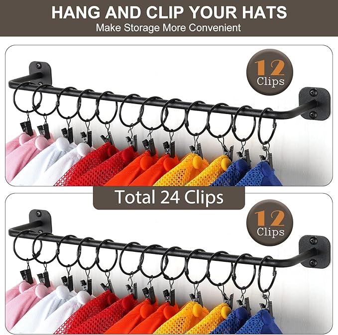 Hat Rack for Wall 24 Baseball Caps Modern Metal Hat Organizer with 24 Clips Hat Holder Wall-Mounted Storage Display for Close