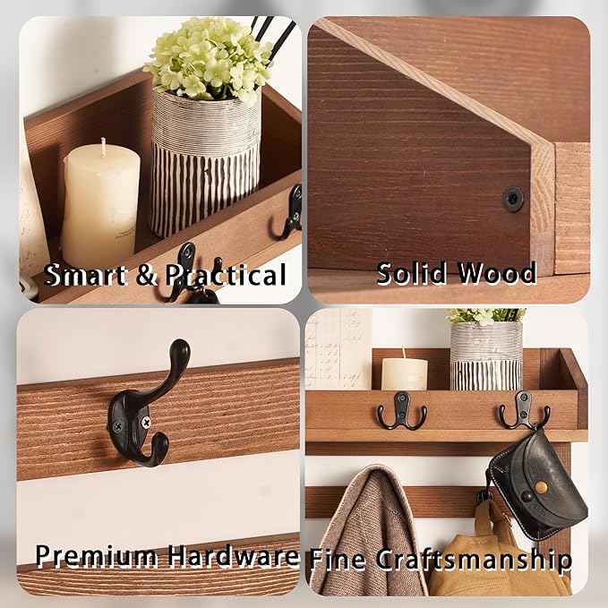 Coat Rack Wall Mount with Shelf - Wooden Entryway Organizer for Hanging Coats, Keys, Hangers - Space Saving Durable Wood Hold