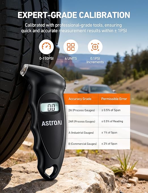 AstroAI Digital Tire Pressure Gauge with Replaceable AAA Batteries 0-150PSI, Accurate in 0.1 Increments, Tire Gauge with Backlit LCD, Presta Valve Adaptor, 4 Units for Car Truck Bicycle, Black, 2pack