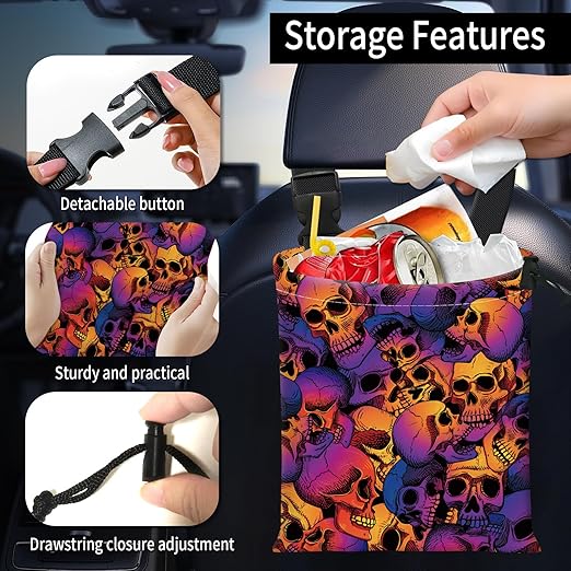 Car Trash Bag Large Hanging Can for Back of Seat, Cute Waterproof Car Garbage Bag for Vehicle, Travelling, Outdoor Colorful Skull Pattern