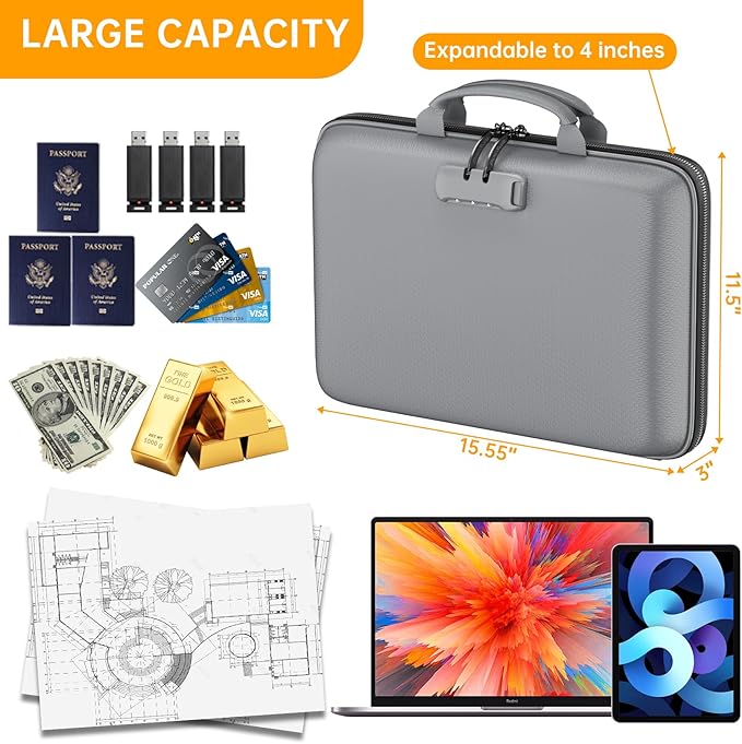 DocSafe Fireproof File Organizer with Lock, Hard-Shell Case Fireproof Document Box with 13 Pocket Accordion File Folder, Port