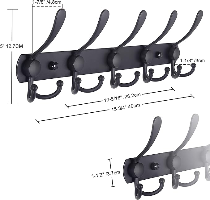 Dseap Coat Rack Wall Mounted - 5 Tri Hooks, Heavy Duty, Stainless Steel, Metal Coat Hook Rail for Coat Hat Towel Purse Robes 