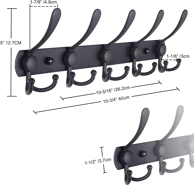 Dseap Coat Rack Wall Mounted - 5 Tri Hooks, Heavy Duty, Stainless Steel, Metal Coat Hook Rail for Coat Hat Towel Purse Robes 