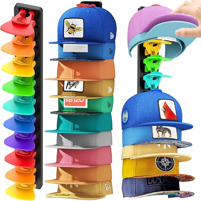 Hat Organizer for Baseball Caps 2 Pack, Adhesive Hat Rack for Wall,Baseball Cap Organizer(Rainbow)