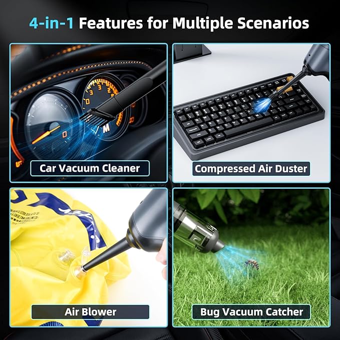 Car Vacuum Cleaner&Air Duster | 80W | 16kpa | 12KRPM | 20 Mins-Dust Cleaner Portable Cordless Vacuum Pro-Compressed Air Blowe