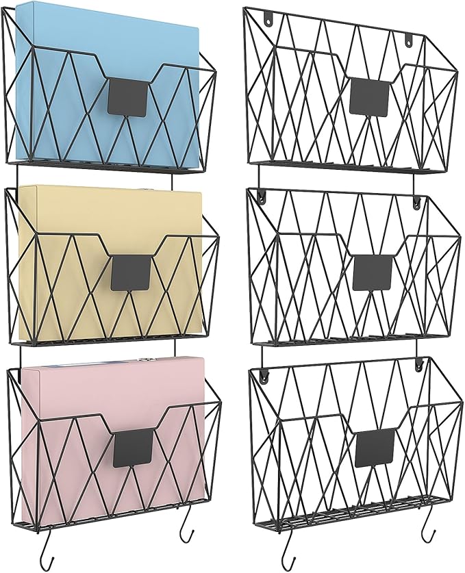 YBING Wall File Organizer Mesh Hanging Wall-mount Files Holder 6 Pack Hanging Wire Magazine Rack and Mail Holder with Hooks O
