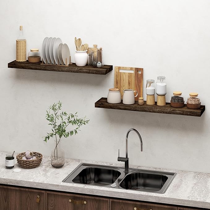 Dreamland Wood Floating Shelves 36 Inch Long, Rustic Solid Elm Wood Live Edge Shelves for Home Decor, 8 Inch Deep Wall Shelf 