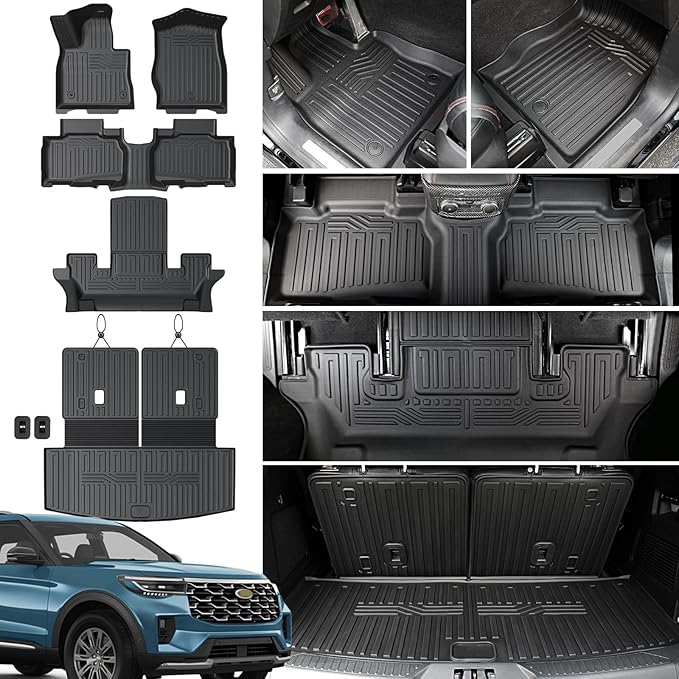 Floor Mats for 2020-2025 2026 Ford Explorer 6 Seats Captain Chairs Car Mat Accessories, All Weather TPE Cargo Mat Backrest Mat Active/ST Line/ST/Platinum(6 Seats Floor Mats+2-in-1 Cargo Mat)