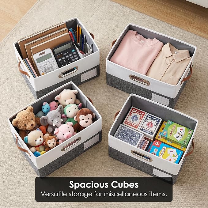 PRANDOM Storage Bins with Lids [3-Pack] Linen Fabric Foldable Storage Boxes Organizer Containers Baskets Cube with Cover for 