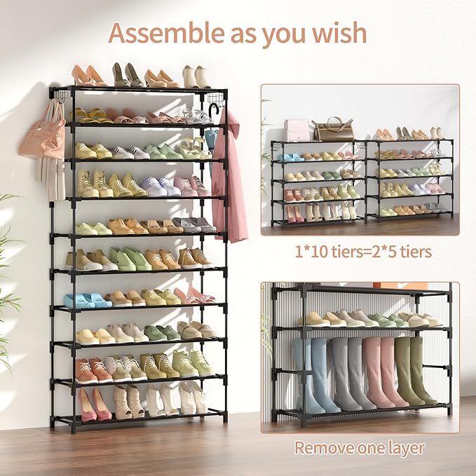 LANTEFUL 10 Tiers Shoe Rack 50 Pairs Large Capacity Tall Shoe Organizer Sturdy Shoe Storage with Two Hooks Space Saving Metal
