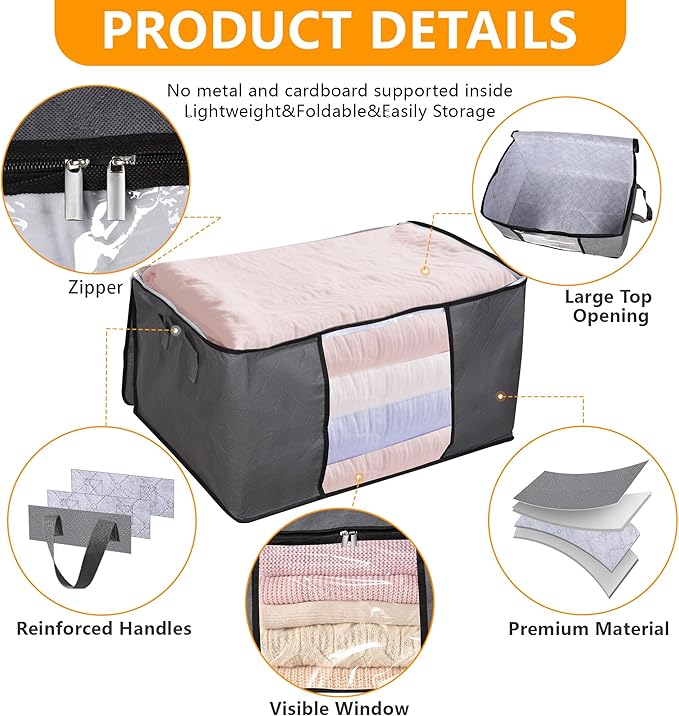 90L Large Blanket Storage Bags, 8 Pack Clothes Storage Bag Comforter Storage Bin with Reinforced Handle and Lid Foldable Clos