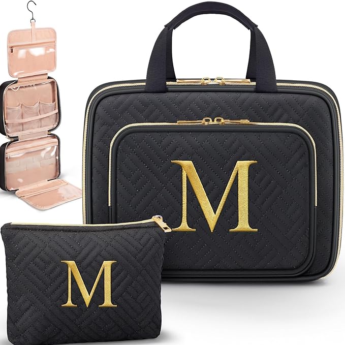 Gifts for Women, Initial Toiletry Makeup Bag Hanging Cosmetic Organizer with Embroidery Letter Personalized Nurse Teacher App