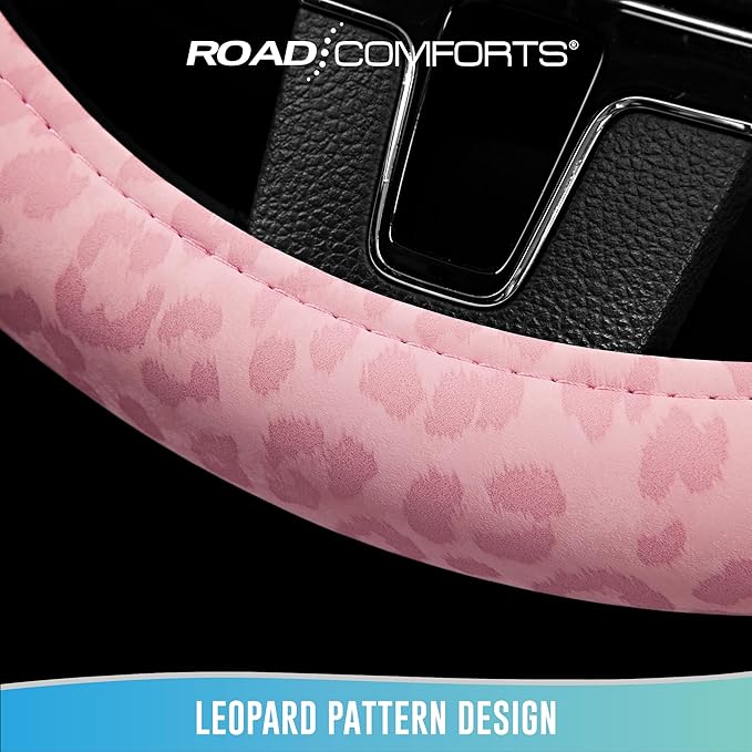 Road Comforts Leopard Steering Wheel Cover for Women, Cute Anti-Slip Microfiber Leather, Universal Fit 14.5-15 Inch Round Ste