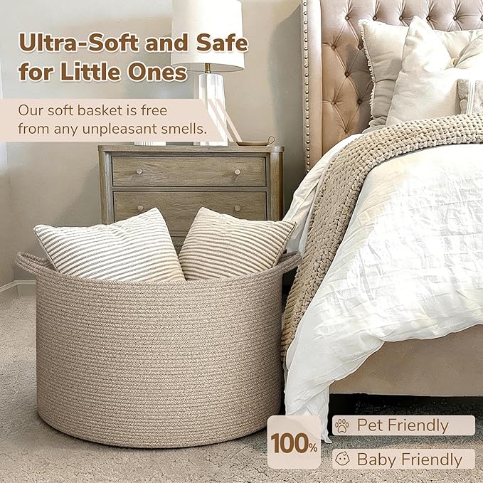 INDRESSME 115L Extra Large Woven Blanket Baskets for Storage, Toy Organizers and Storage Rope Baskets for Boys Girls Kids，Bur