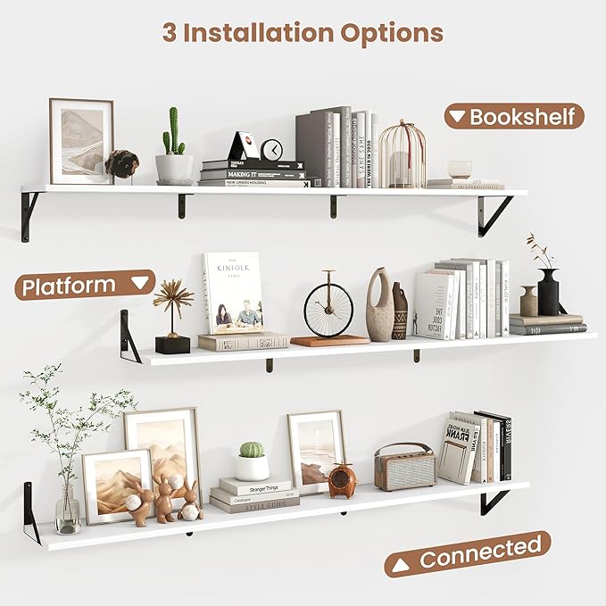 Axeman 55 Inch Floating Shelves | 8 Inch Deep White Wall Shelves Set of 2 | 55" W x 8" D Rustic White Wood Shelves for Bathro