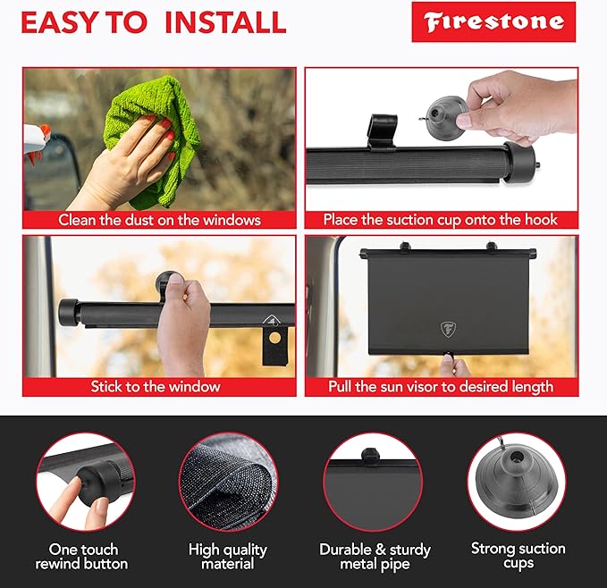 Firestone 2 Pack Retractable Automotive Sunshade Car Window Sunshades - Blocks 99% UV Rays, Lightweight & Compact Car Side Window Shade with Automatic Retract Button, Blocks Glare & Heat, Black