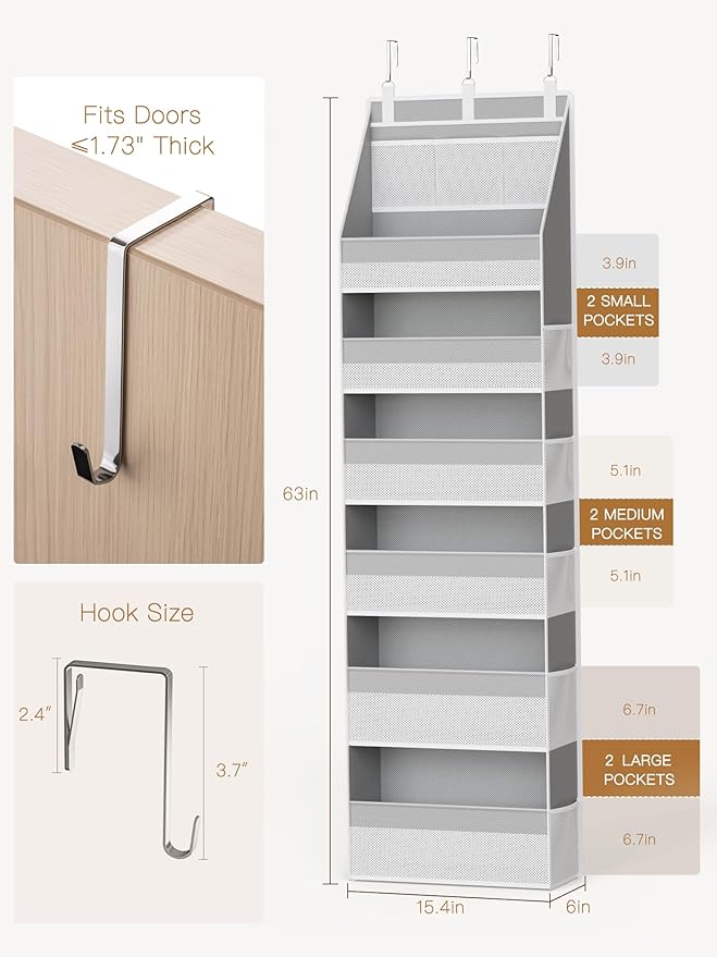 Criusia Over The Door Organizer, Heavy-Duty 6-Shelf Hanging Storage with 13 Mesh Pockets, 55lbs Capacity Behind The Door Stor