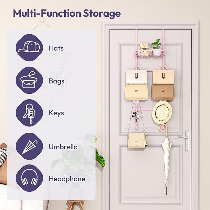 SWTYMIKI Over The Door Purse Organizer - Wall Mounted Handbag Organizer with 10 Hooks and Metal Basket, Hanging Purse Storage