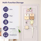 SWTYMIKI Over The Door Purse Organizer - Wall Mounted Handbag Organizer with 10 Hooks and Metal Basket, Hanging Purse Storage