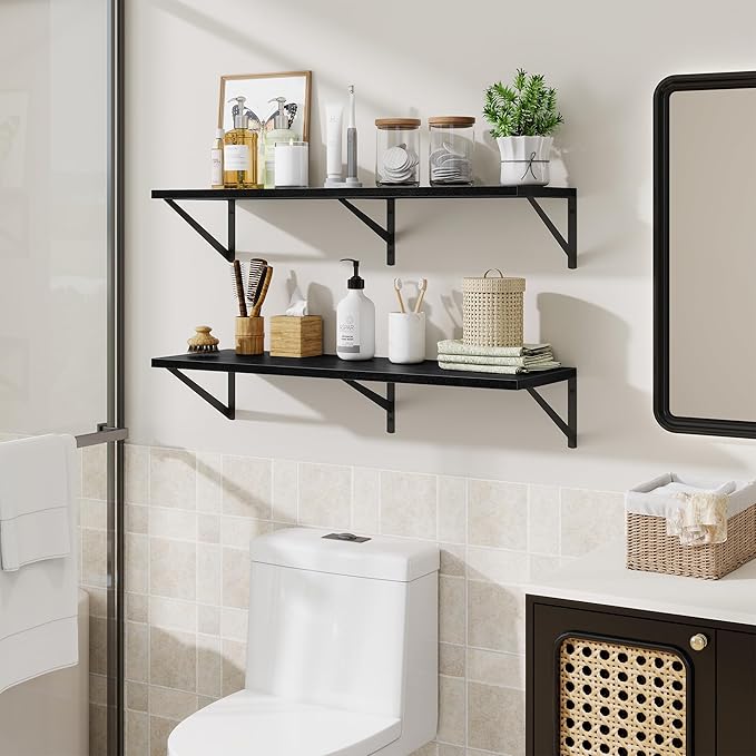 Black Deep Floating Shelves for Wall,36" Wx10 D Wood Wall Shelves with Metal Brackets,Hanging Storage Floating Shelf for Livi