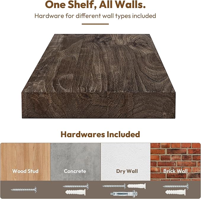 Vivelove Elm Floating Shelves for Wall Solid Wood, 24 Inches Long Rustic Wall Shelf With Invisible Bracket for Living Room Be
