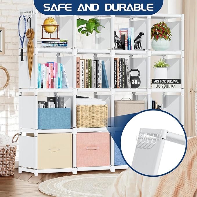 Mavivegue Book Shelf, 16 Cube Storage Organizer, Metal Cube Bookshelf, DIY Bookcase, Tall Book case for Bedroom, Living Room,
