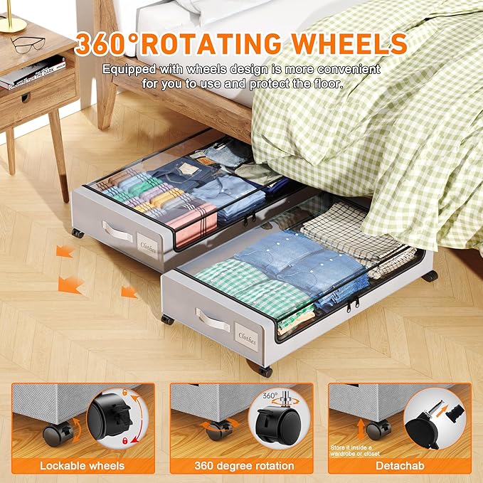 Under Bed Storage with Wheels, 4 Pack Under Bed Storage Containers with Dividers & Clear Lids, XXL 65L Under the bed storage 