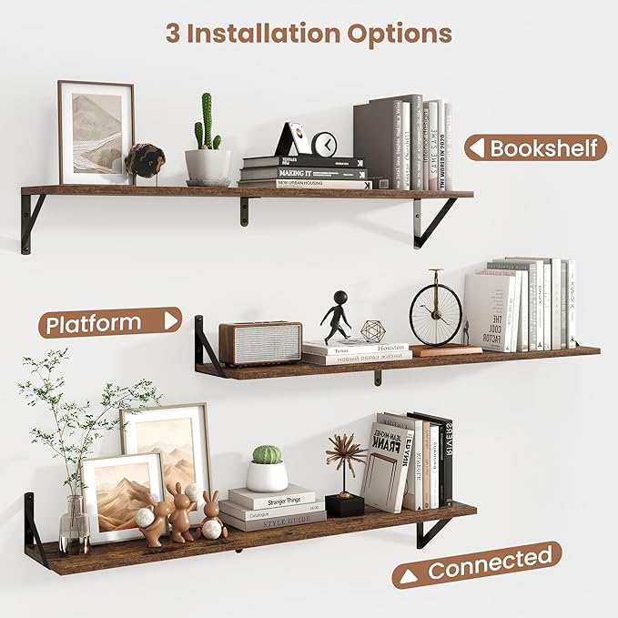 Axeman 40 Inch Floating Shelves | 8 Inch Deep Brown Wall Shelves Set of 2 | 39.4" W x 8" D Rustic Brown Wood Shelves for Bath