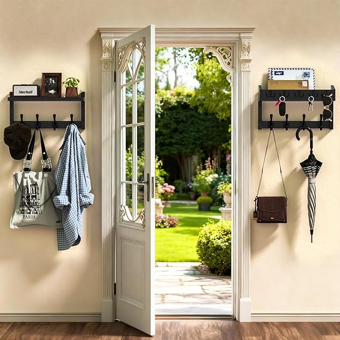 35'' Black Coat Rack Wall Mount with Shelf, Solid Wood Coat and Key Hanger with 13 Metal Hooks, Farmhouse Wall Organizer for 