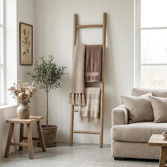 Wooden Blanket Ladder - 76in Natural Wood Color- Leaning Wall Decor for Bedroom, Bathroom, Living Room - Rustic Quilt Holder 