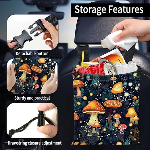 Car Trash Bag Large Hanging Can for Back of Seat, Cute Waterproof Car Garbage Bag for Vehicle, Travelling, Outdoor Cute Colorful Mushroom