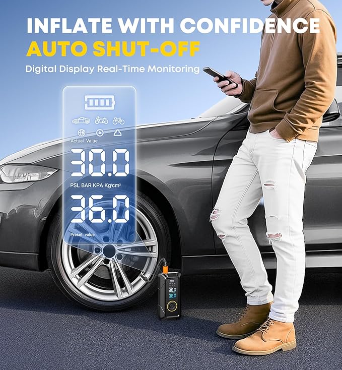 Tire Inflator Portable Air Compressor Portable Air Pump Cordless Bike Pump with Digital Dual Values Display 150 PSI Car Tires Pump with LED Lights Air Pump