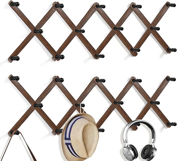 WGFKVAS 2 Pack Accordion Hat Rack for Wall - Expandable Coat Rack Wall Mount with 14 Pegs - Wood Wall Hanger for Baseball Cap