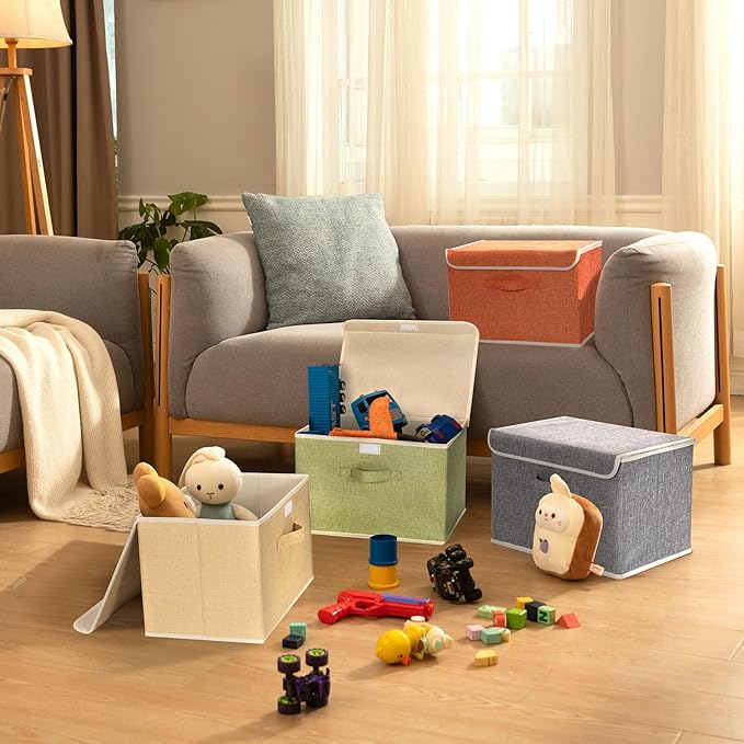 Storage Bins with Lid, Foldable Clothing Storage Box case with Handle for Books, Closet, Bedroom, Home, 4 Color Set A, 15L x 
