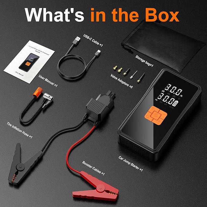 Preciva 8000mAh Jump Starter - 8000A Peak Car Battery Charger with Smart Air Compressor (150PSI), Tire Repair Kit, Power