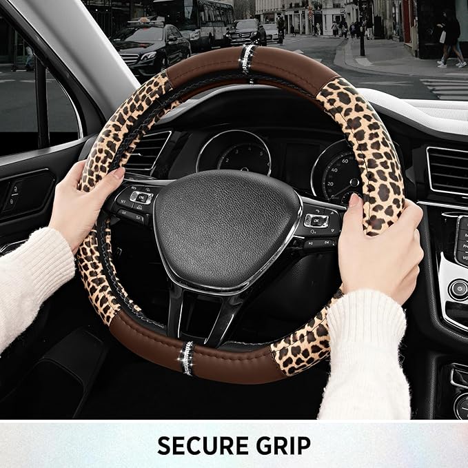 Road Comforts Leopard Steering Wheel Cover for Women, Cute Anti-Slip Microfiber Leather, Fits D Shape Flat Bottom Steering Wh