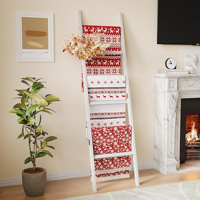 Bamboo Towel Rack 6-Tier Blanket Ladder for Living Room, Bedroom, Bathroom Space-Saving Decorative Ladder for Quilts, Towels 