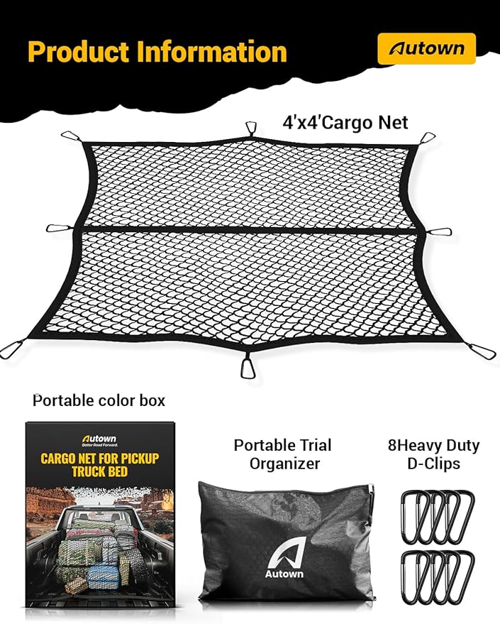AUTOWN Cargo Net for Pickup Truck Bed - Stretchable 4'x4' to 7'x7', High Elastic Fine Mesh 1''x1'' with 8 Metal Carabiners - Ideal for ATV, SUV, UTV, Truck and Boat Use (Single Layer)