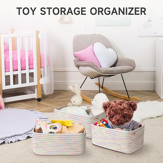 3-Pcs Shelf Baskets for Organizing, Closet Organizer Bins, Small Woven Baskets, Rope Toy Basket, Storage Basket for Shelves, 