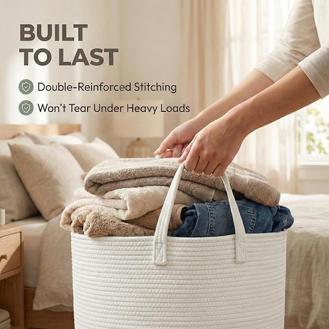 JMvicyroam 115L Extra Large Blanket Basket for Living Room - Woven Cotton Rope Laundry Hamper with Reinforced Handles - Stora