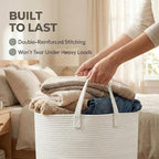 JMvicyroam 115L Extra Large Blanket Basket for Living Room - Woven Cotton Rope Laundry Hamper with Reinforced Handles - Stora