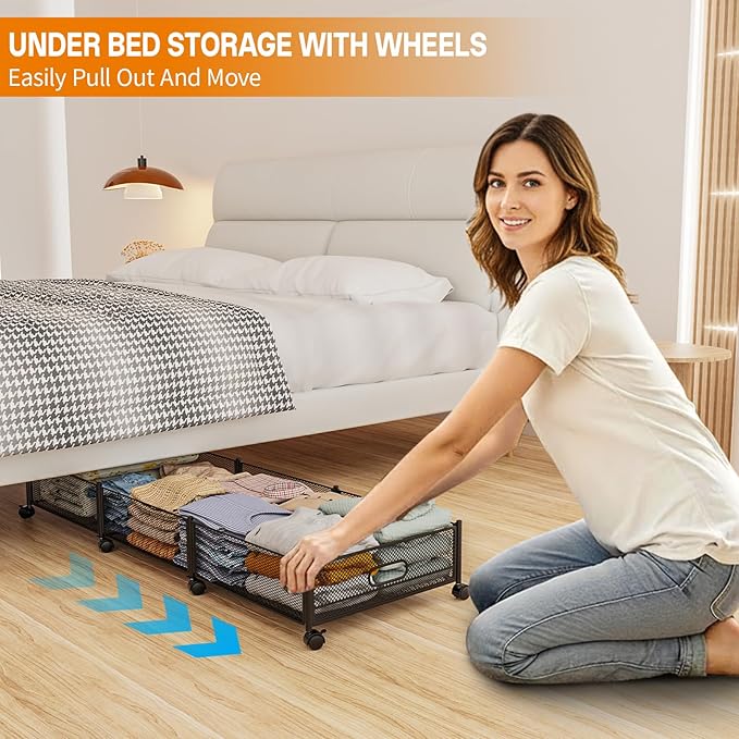 Under Bed Storage With Wheels, 47.2''/90lbs/57.6L, Metal Frame Under Bed Rolling Storage, Tool-Free Assembly Underbed Drawers