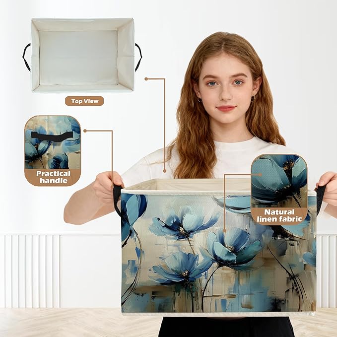 Abstract Blue Floral Storage Box Bins, Modern Impressionism Flower Botanical Collapsible Storage Basket Organizer for Bedroom